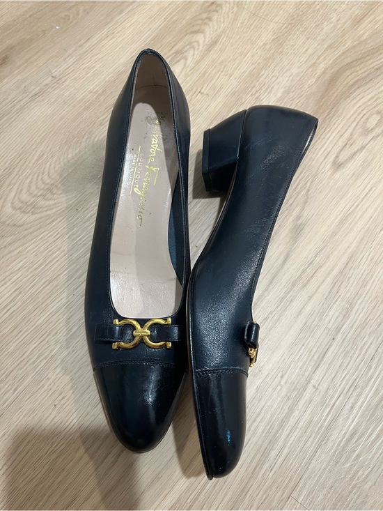 Salvatore Ferragamo Shoes - Salvatore Ferragamo Black Leather Mid Block Heel Pumps with Gold Hardware